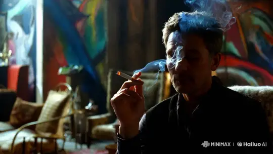 Contemplative Man Amidst Artistic Smoky Ambiance – AI Generated Video | Hailuo AI
