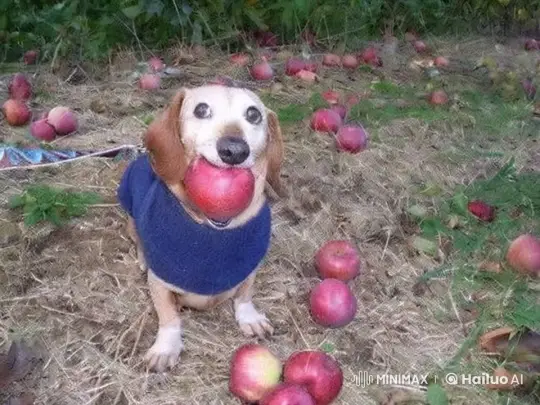 Dog in Blue Sweater Steals Apple in Orchard – AI Generated Video | Hailuo AI