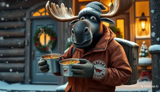Animated Moose Delivers Soup in Winter Wonderland – AI Generated Video | Hailuo AI