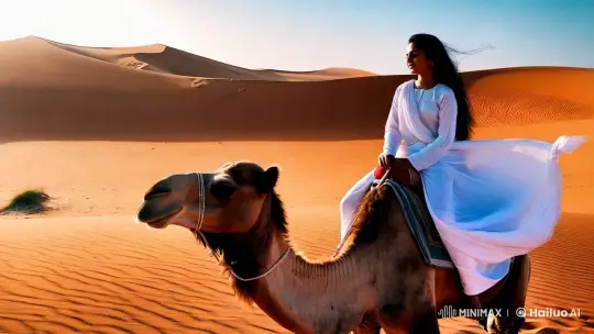Desert Serenity: Woman and Camel in Harmony – AI Generated Video | Hailuo AI