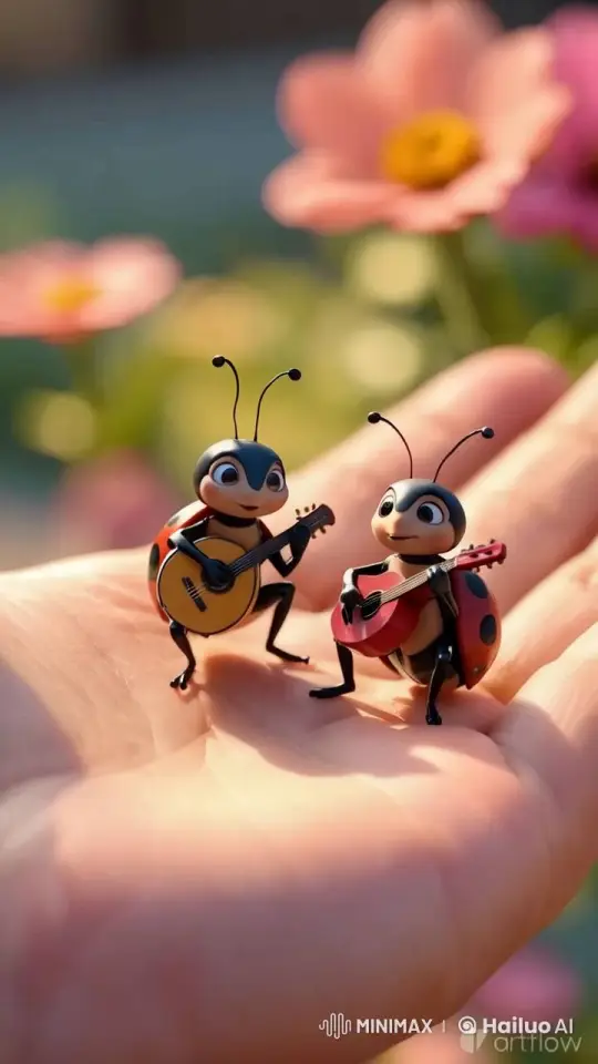 Ladybug Duo Plays Tiny Guitars on a Hand – AI Generated Video | Hailuo AI