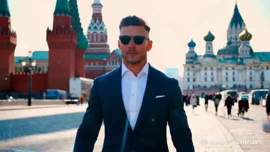 Tailored Protagonist Strides Through Moscow's Iconic Streets – AI Generated Video | Hailuo AI