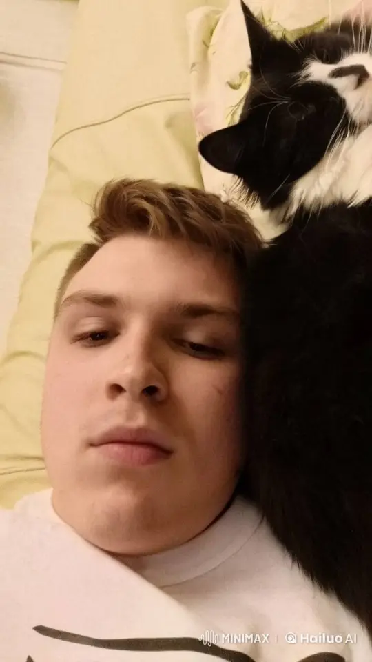 Person wakes up, startled, and plays with dog over dumplings. – AI Generated Video | Hailuo AI