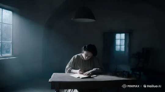 Introspective Writer in a Minimalist Moonlit Room – AI Generated Video | Hailuo AI