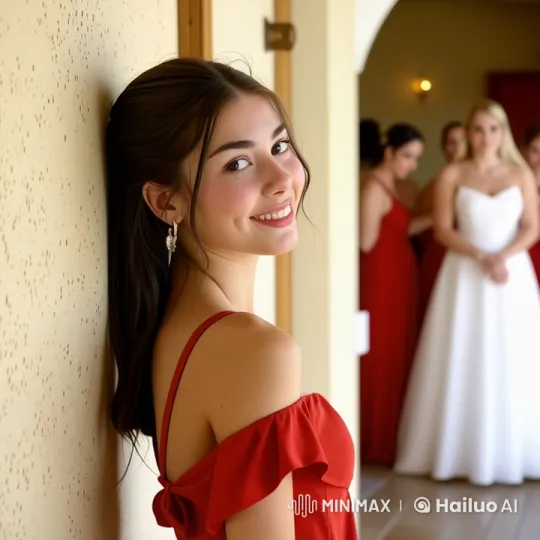 Young Woman in Red Dress Amidst Celebration Background – AI Generated Video | Hailuo AI