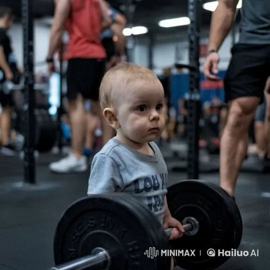 Baby Boy Attempts to Lift Barbell in Busy Gym – AI Generated Video | Hailuo AI