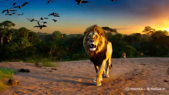Majestic Lion Advances in Golden Light Amidst Jungle Serenade – AI Generated Video | Hailuo AI