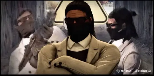 Beige-Suited Man Smokes, Observed by Masked Figures – AI Generated Video | Hailuo AI