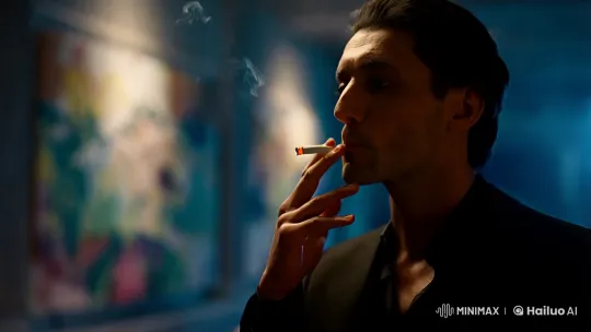 Contemplative Figure in Moody Interior with Art and Smoke – AI Generated Video | Hailuo AI