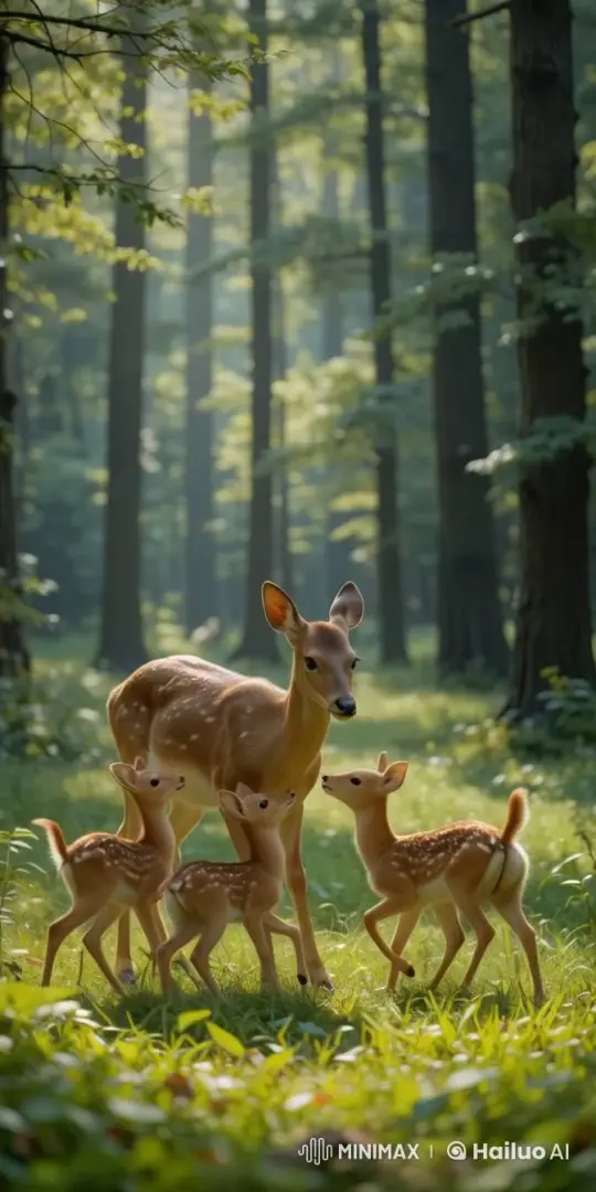Mother Deer and Fawns Play in Tranquil Forest – AI Generated Video | Hailuo AI