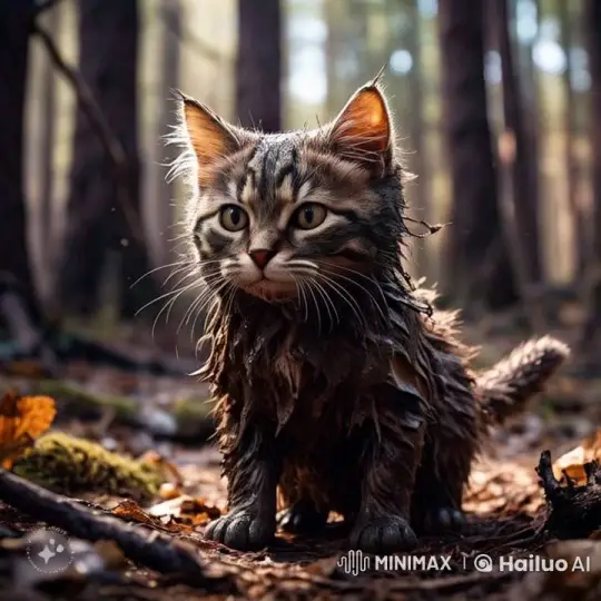 Muddy Kitten Curiously Explores Sunlit Forest – AI Generated Video | Hailuo AI