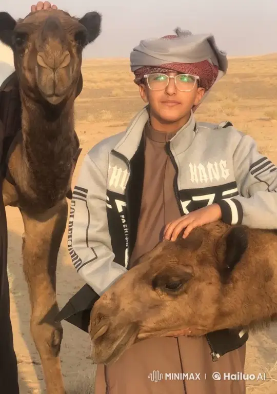Young Person Smokes Peacefully with Camels in Desert – AI Generated Video | Hailuo AI