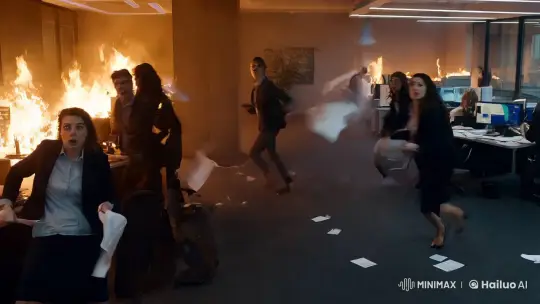 Office Chaos: Employees Fleeing Flames in High Aesthetic Panic – AI Generated Video | Hailuo AI