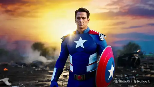 Superhero Stands Amidst Post-Battlefield Twilight – AI Generated Video | Hailuo AI