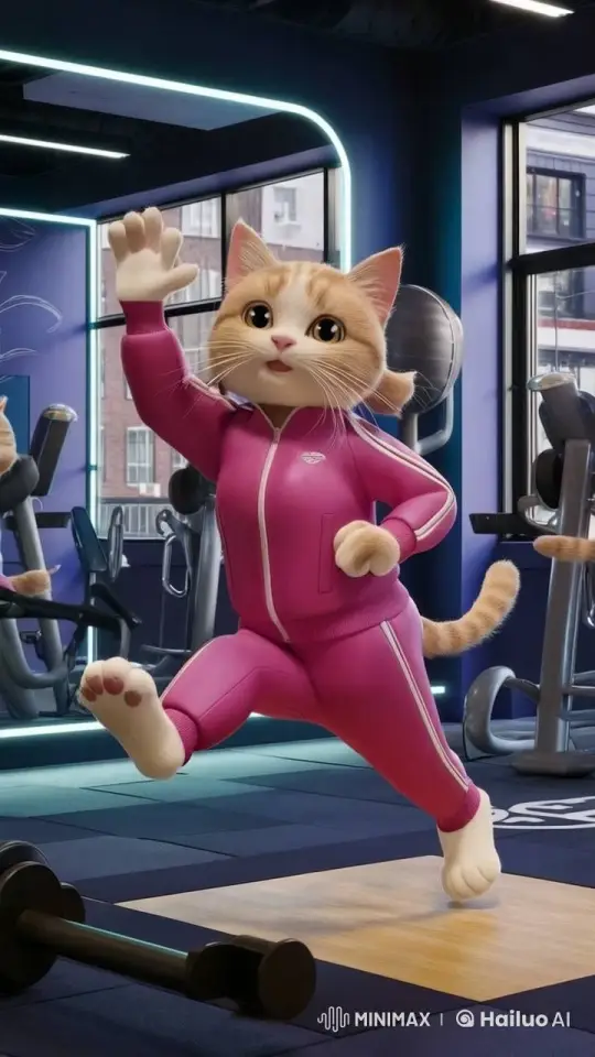 Animated Cat Enthusiastically Working Out in a Modern Gym – AI Generated Video | Hailuo AI