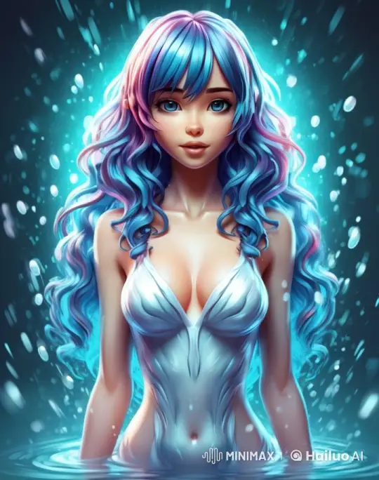 Enchanted Dance: Blue-Pink haired Character in Magical Waters – AI Generated Video | Hailuo AI