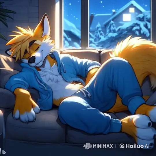 Anthropomorphic Fox Relaxing on Couch in Snowy Scene – AI Generated Video | Hailuo AI