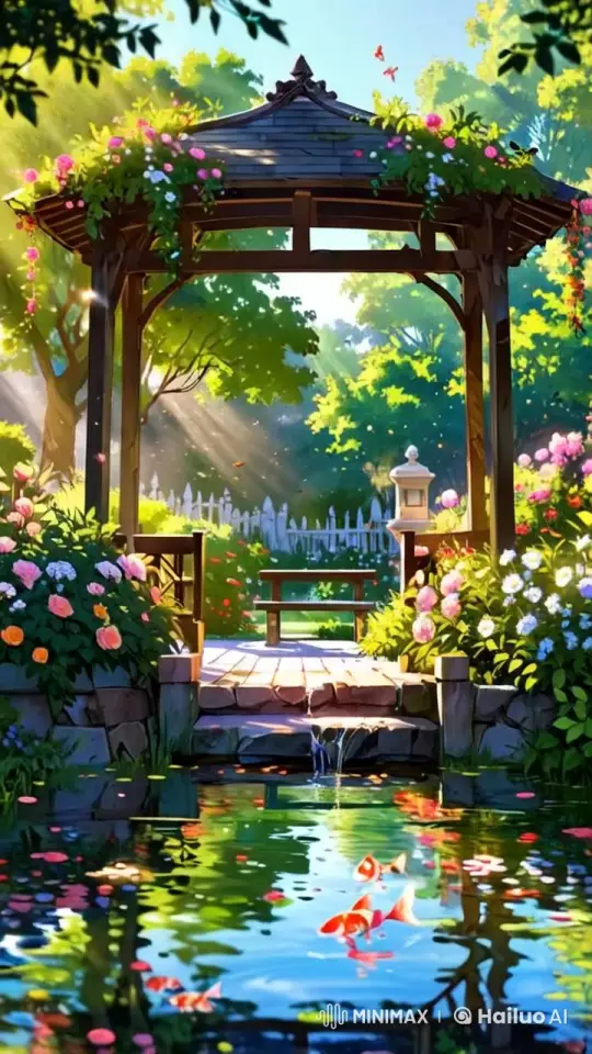 Tranquil Garden Pond with Blooming Flowers and Koi Fish – AI Generated Video | Hailuo AI