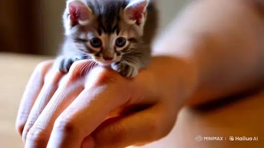 Cute Kitten Cautiously Steps Across Human Finger – AI Generated Video | Hailuo AI