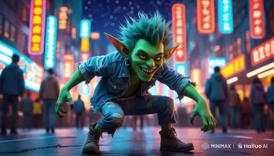 Joyful Goblin Dance in Neon-Lit Cityscape – AI Generated Video | Hailuo AI