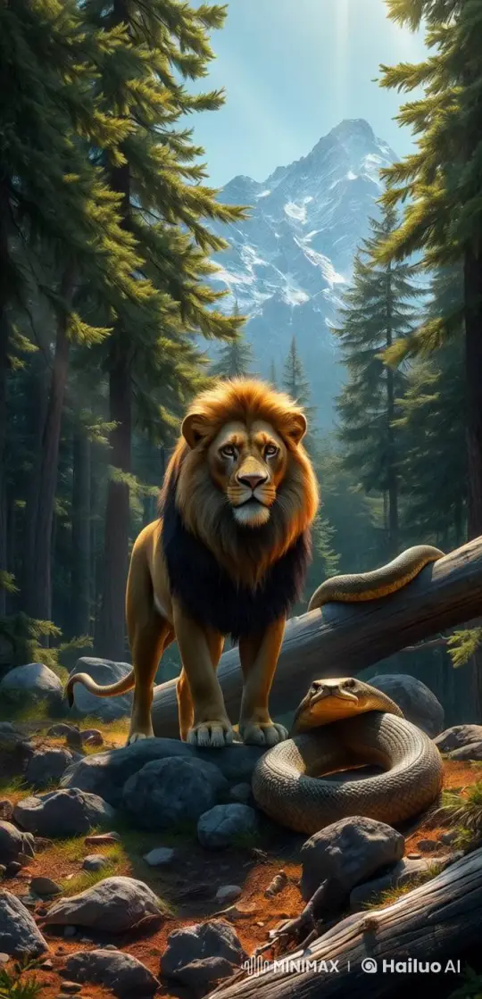 Lion Roars Amidst Forest Serpent and Majestic Peaks – AI Generated Video | Hailuo AI