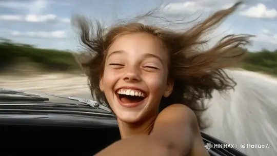Joyful Girl Laughs in Speeding Car Adventure – AI Generated Video | Hailuo AI
