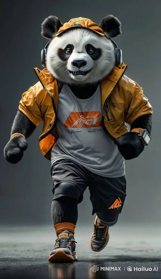 Panda in Athletic Gear Runs with Joyful Determination – AI Generated Video | Hailuo AI