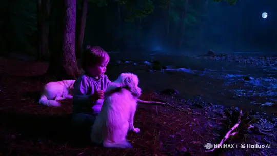 Moonlit Night: Child and Dog in Enchanted Forest – AI Generated Video | Hailuo AI