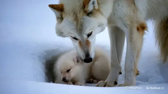 White Wolf Family Nurturing Moment in Snowy Habitat – AI Generated Video | Hailuo AI
