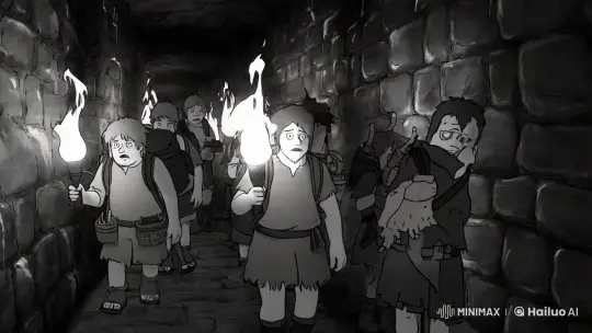 Fearful Adventurers Explore Dark Dungeon Corridor – AI Generated Video | Hailuo AI