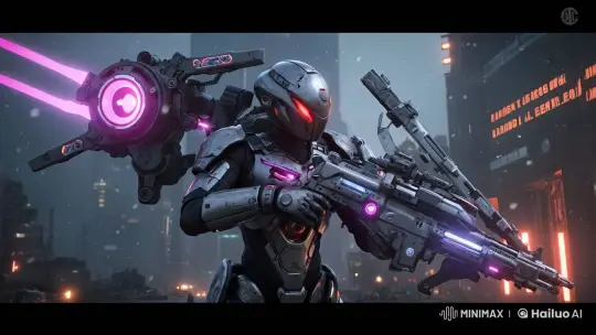 Futuristic Soldier Prepares in Neon-Lit Snowy City – AI Generated Video | Hailuo AI