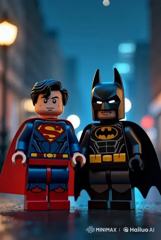 LEGO Superman and Batman: Heroic Duo on Urban Night Street – AI Generated Video | Hailuo AI