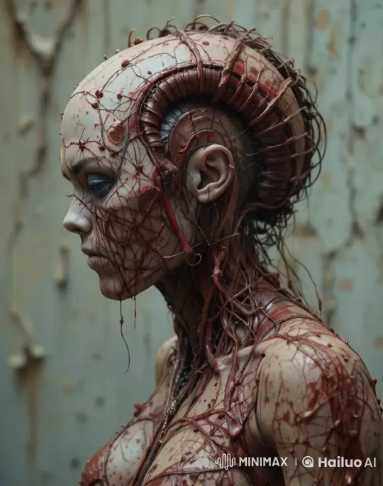 Mechanical Figure Transformed by Cascading Blood – AI Generated Video | Hailuo AI
