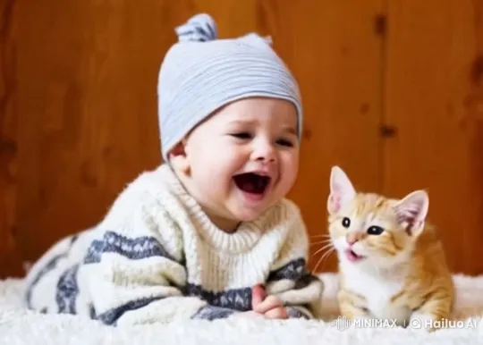 Baby and Kitten Joyfully Interact in Festive Setting – AI Generated Video | Hailuo AI