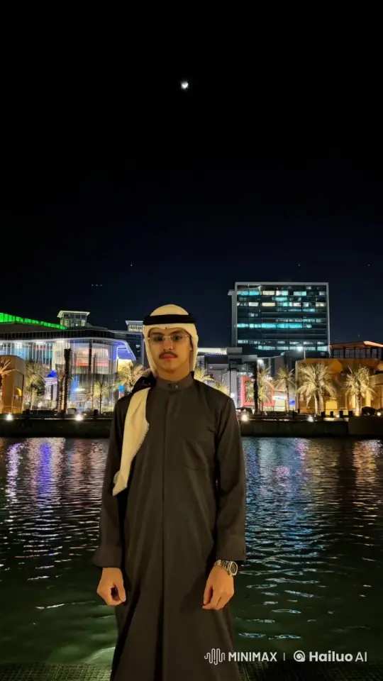 Young Man Smokes by Nighttime Waterfront Cityscape – AI Generated Video | Hailuo AI