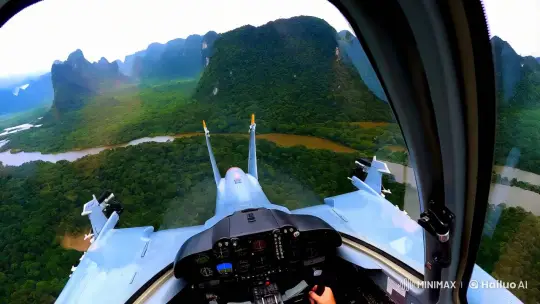 Sleek Fighter Jet Navigates Rainforest and Mountains – AI Generated Video | Hailuo AI