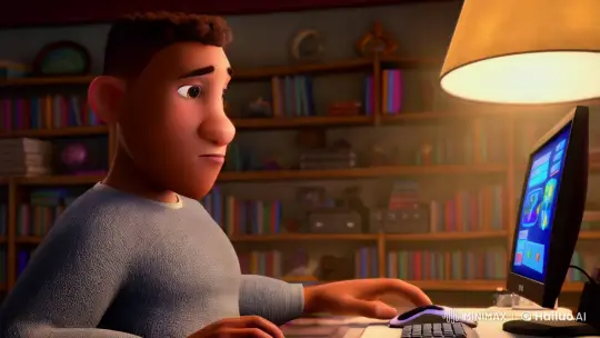 Pixar-Style Character Engages with Computer in Cozy Office – AI Generated Video | Hailuo AI