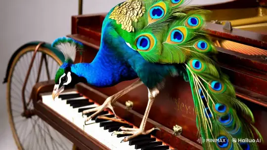 Peacock Plays Piano on Antique Bicycle – AI Generated Video | Hailuo AI