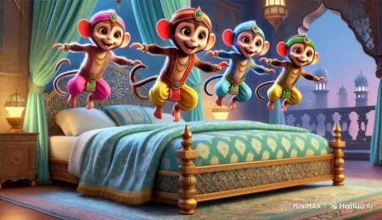 Joyful Monkeys Bounce on Elegant Bed in Luxurious Room – AI Generated Video | Hailuo AI