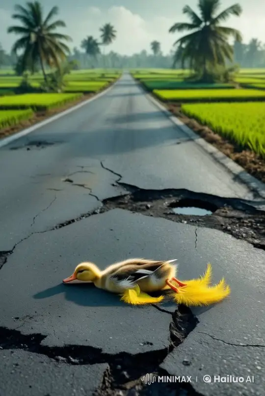 Distressed Duckling on Tranquil Road Scene – AI Generated Video | Hailuo AI