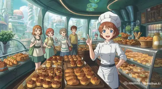 Futuristic Bakery with Joyful Baker and Girls – AI Generated Video | Hailuo AI