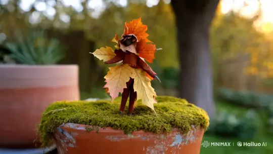 Autumn Leaf Figure Dances on Mossy Terracotta Pot – AI Generated Video | Hailuo AI