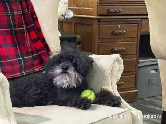 Cozy Home Scene: Dog with Tennis Ball on Armchair – AI Generated Video | Hailuo AI