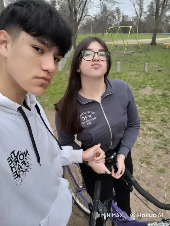 Park Scene: Trio Exchange and Bicycle Hold – AI Generated Video | Hailuo AI