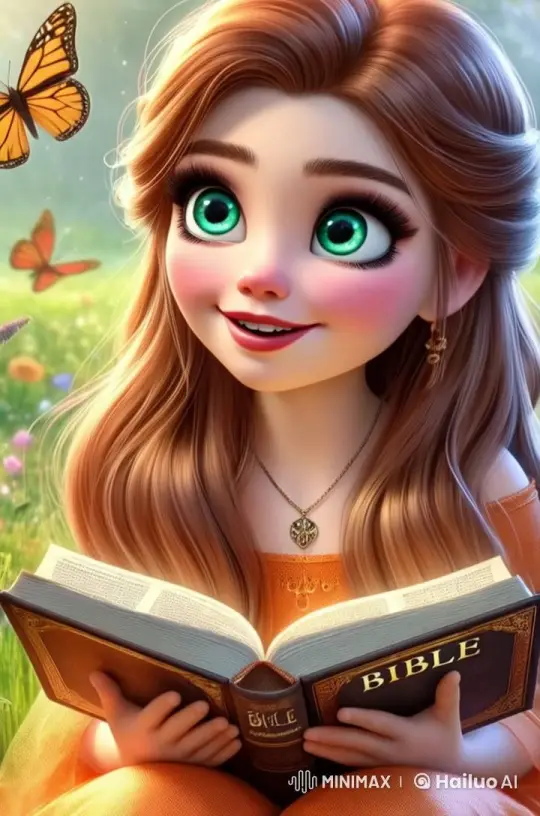 Animated Woman Reads Bible in Peaceful Meadow Setting – AI Generated Video | Hailuo AI