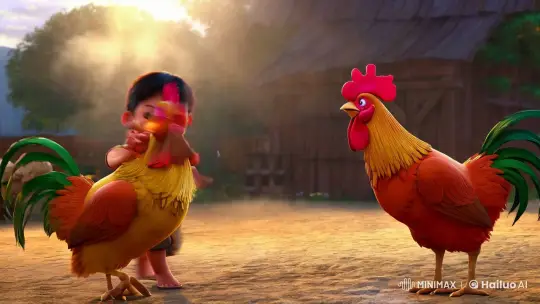 Child's Play: Animated Struggle with Roosters on a Farmyard – AI Generated Video | Hailuo AI
