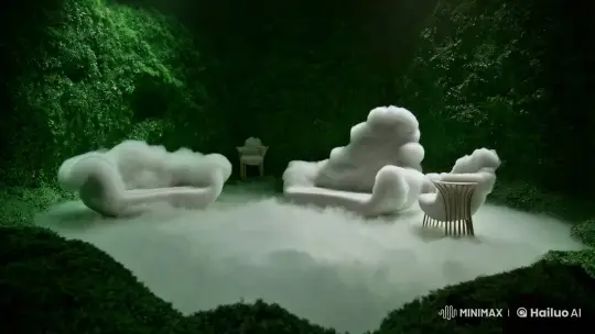Magical, Gravity-Defying Green Room with Cloud Furniture – AI Generated Video | Hailuo AI
