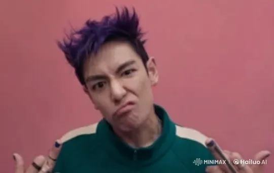Purple-haired man dodges animated forks in pink setting – AI Generated Video | Hailuo AI