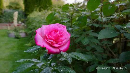 Morning Bloom: A Pink Rose Unfolds in Serene Garden – AI Generated Video | Hailuo AI