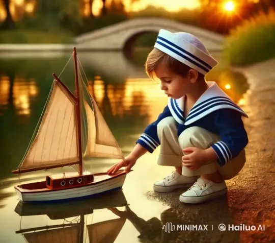 Boy Sails Model Boat at Twilight Pond – AI Generated Video | Hailuo AI